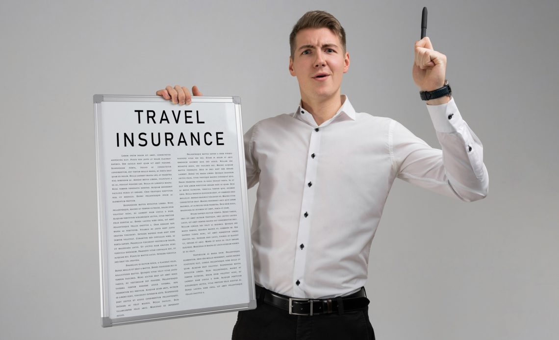 Young man holding a travel insurance list isolated on light background
